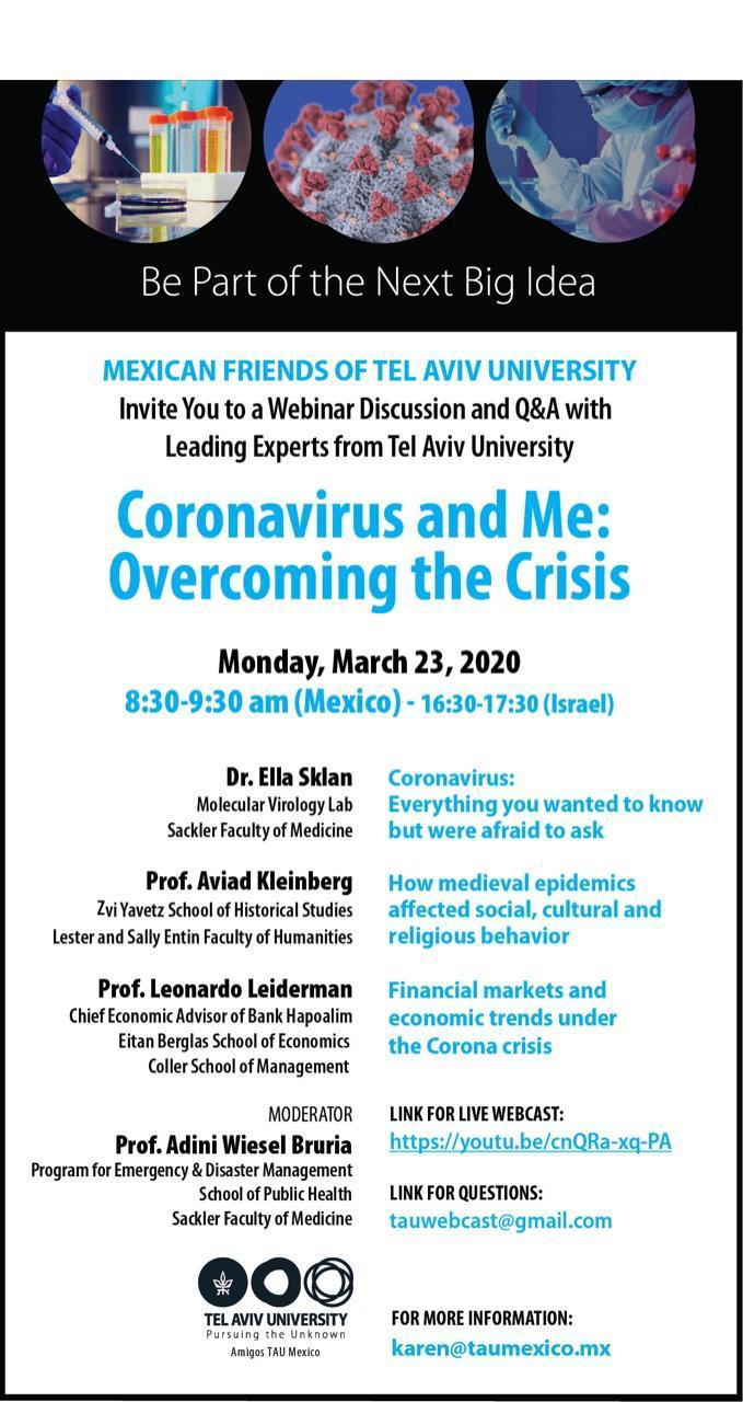 Amigos de la Universidad Tel Aviv México te invitan a conferencia en línea «Coronavirus y Yo: Superando la Crisis»